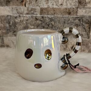Happy Hauntings Brand New Cute White/ Gold  Mug with Striped Handle